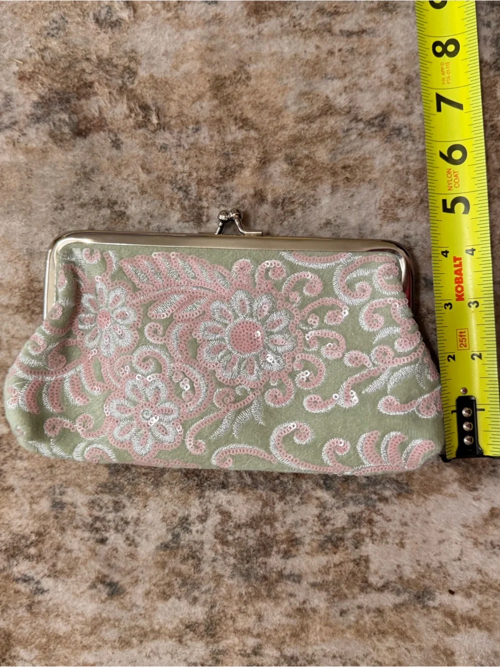 Green Pink Velour Floral Sequin Embroidered Clutch Evening Bag Kiss Lock-Elegant